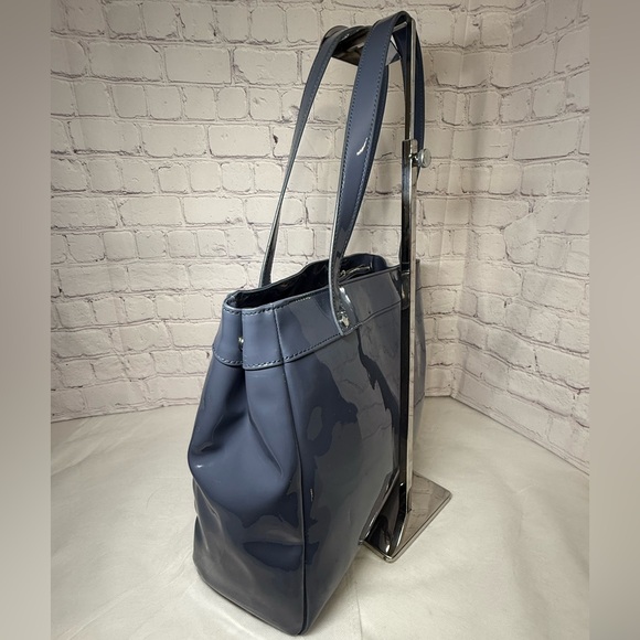 Armani Jeans Tote Blue Gray Patent Leather Large Shoulder Bag w/Bag Charm Silver - Picture 4 of 13